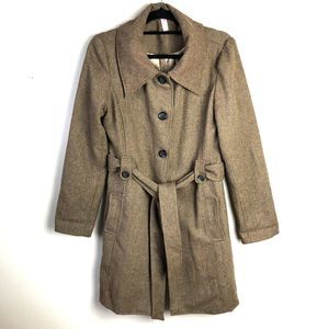 PinkBlush Maternity Trench Coat Size L Belted Long Lined Herringbone Poly Wool